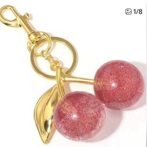 Pink Glitter Cherry Bag Charm/Key Chain with Gold hardware
